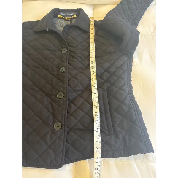 Ralph Lauren Black Diamond Quilted Jacket Button Front Gold Chain Loop Womens M - Image 9