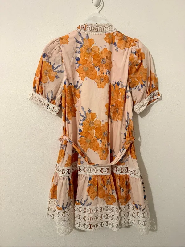 Entro Fall Floral Mini Dress Tie Belt Lace Detail Short Sleeve Size Small S - Image 6