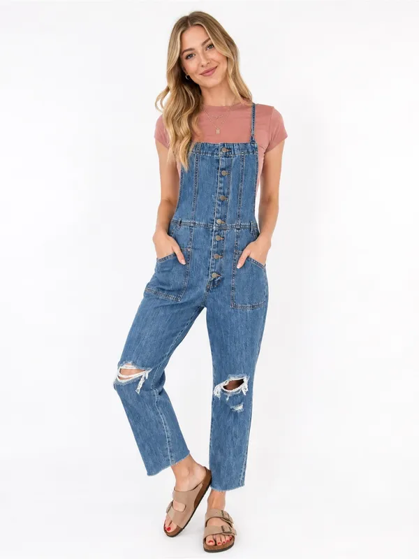 Forever 21 Denim Button Front Distressed Cropped Overalls Jumpsuit M - Image 3