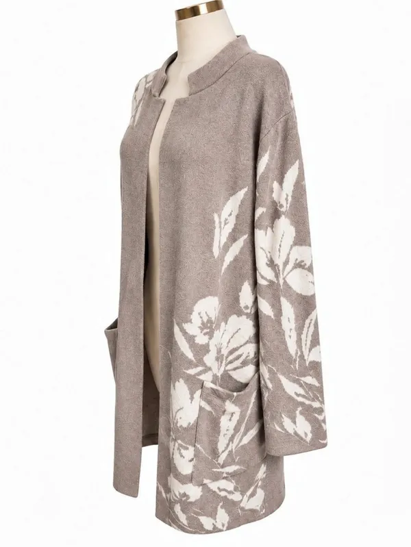 Joie XL Floral Intarsia Longline Cardigan Taupe Ivory Open Front Sweater - Image 3