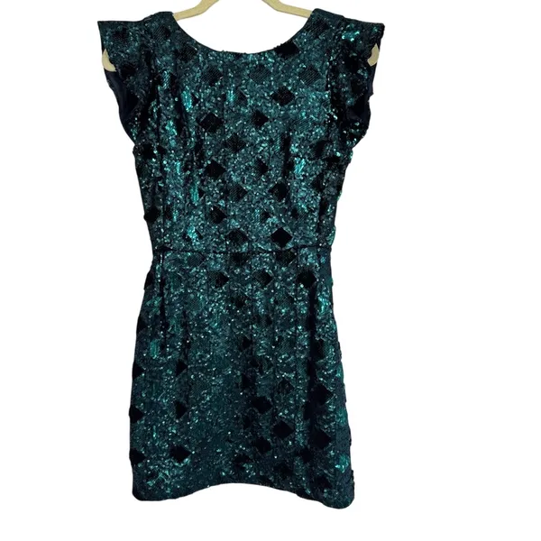 Zara Green Sequined Ruffled Sleeve Mini Dress Blogger Favorite XS Glam Party - Image 2
