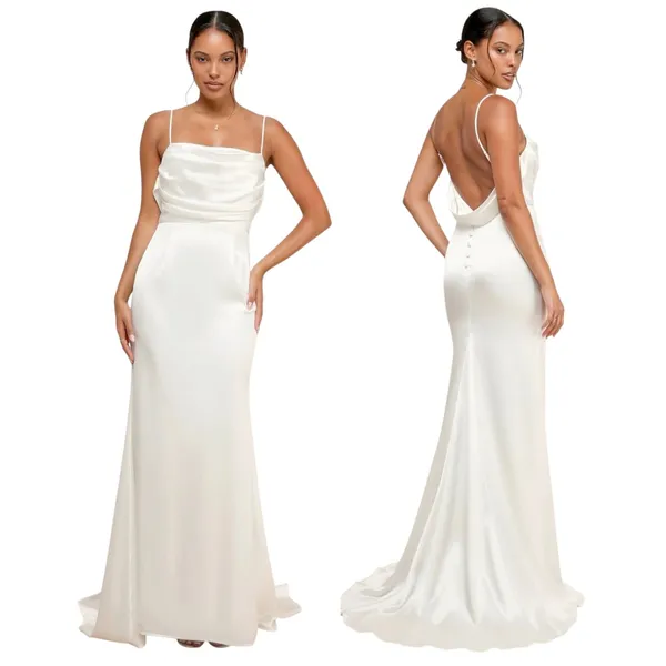 Lulus Lovely Endearment White Satin Sleeveless Backless Maxi Dress size S - Image 2
