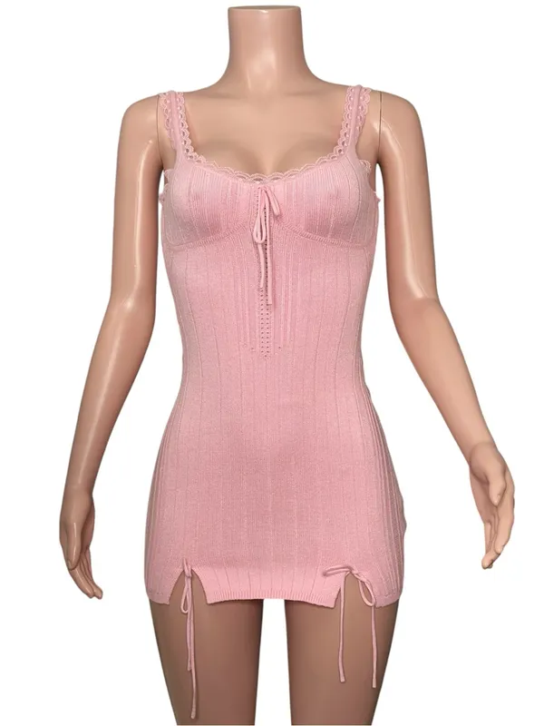 GUIZIO Dainty Lace Knit Mini Dress, Baby Pink, XS - Image 3