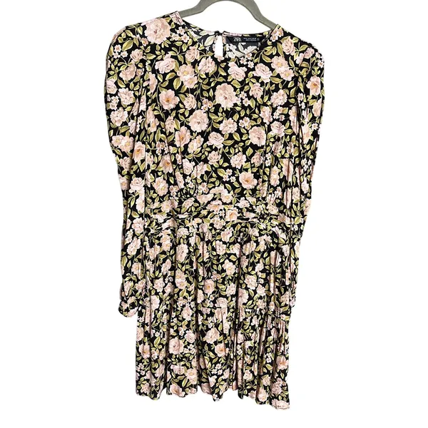Zara Floral Puff Sleeve Mini Dress Size‎ Medium Retro Holiday Party Black Pink - Image 4