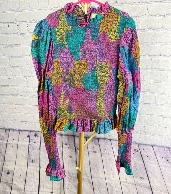 Farm Rio Women's Rainbow Mix Printed Mock Neck Crop Top || small - Image 6
