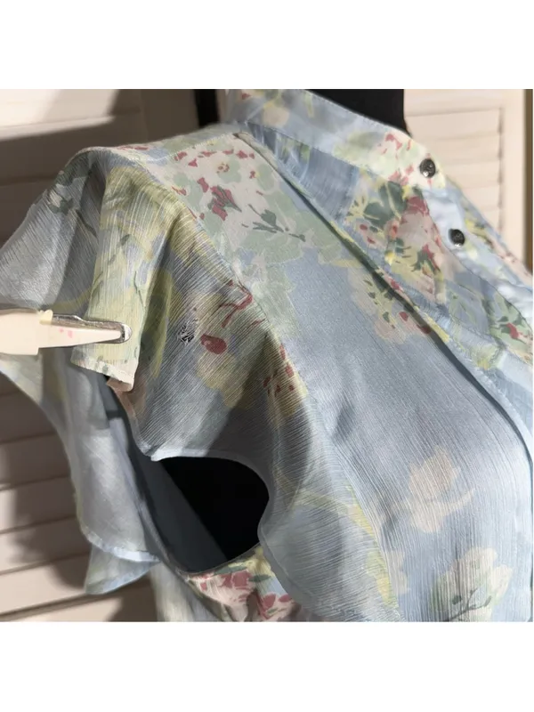 Ralph Lauren floral blue midi dress chiffon flutter sleeves cottage fairy boho 6 - Image 12