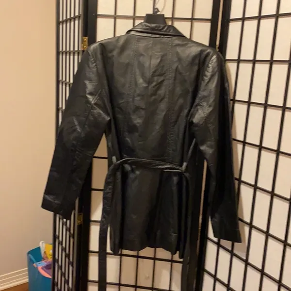 Black leather jacket zip up the front with a belt - Image 2