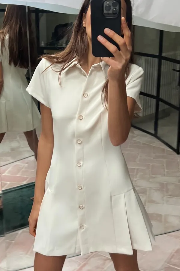 Zara mini dress pleated skirt collar button up ivory casual classic old money - Image 13