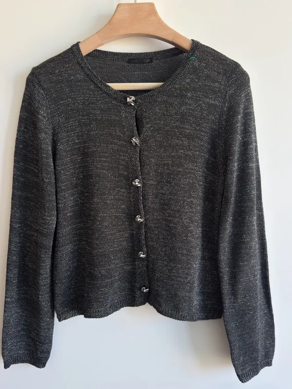 Zara Black Silver Metallic Knit Cardigan Statement Buttons Size L - Image 2