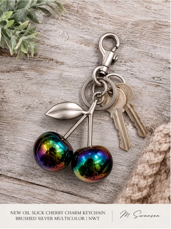 NEW Oil Slick Cherry Charm Keychain Brushed Silver Multicolor NWT Purple - Image 3