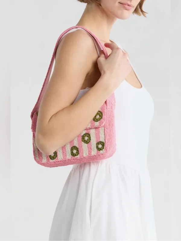 NWT Sol & Mer Collection XIIX Beaded Kiwi Pink Stripe Baguette Shoulder Bag - Image 6