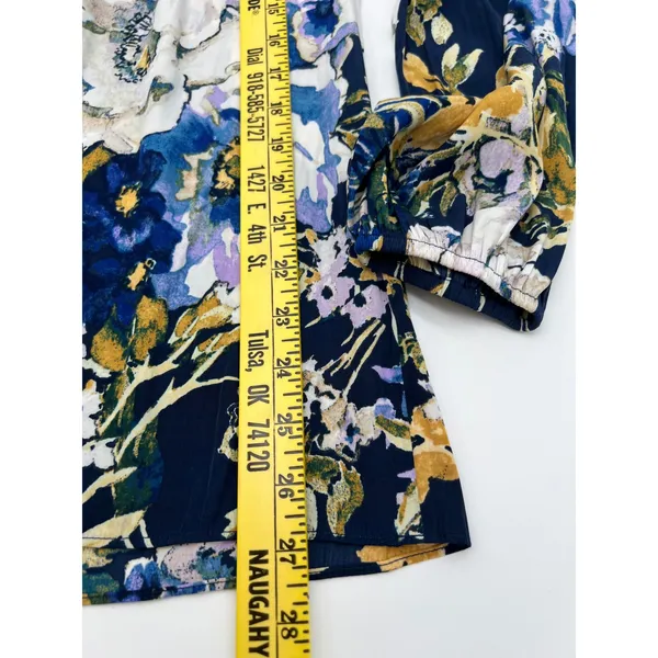 CHICO'S 0 Floral Peasant Blouse Women Small 4 Navy Blue Long Sleeve Split‎ Neck - Image 8