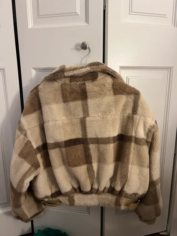 Boohoo Beige Plaid/check Fur Trucker Jacket - Image 7
