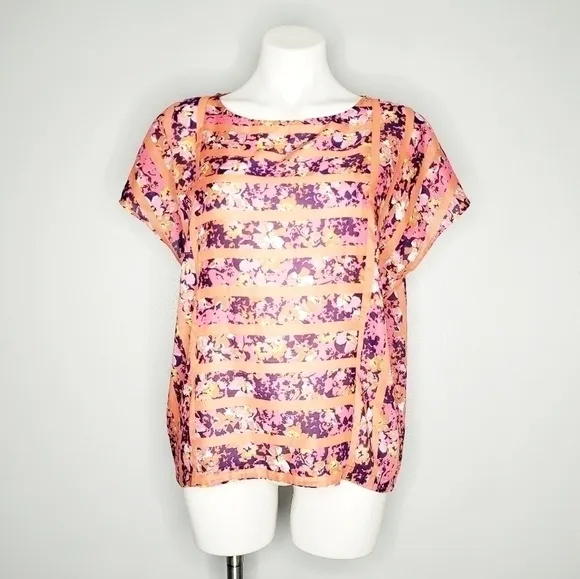 LOFT Floral‎ Striped Short Sleeve Blouse Boho Geometric Summer Top Pink Orange S - Image 3