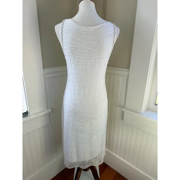 Escada White Beaded Mesh Overlay Sheath Midi Dress Sleeveless Size M - Image 2