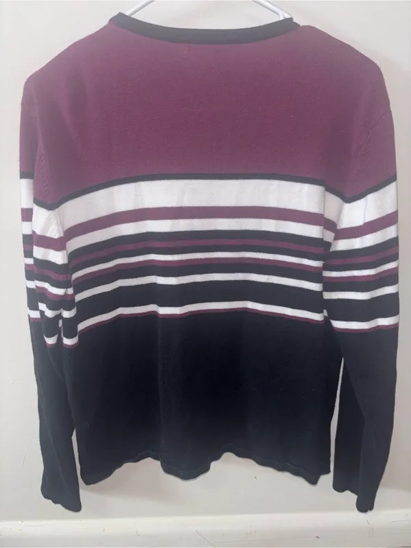 dressbarn Burgundy, Black & White Striped Button Cardigan - Image 2