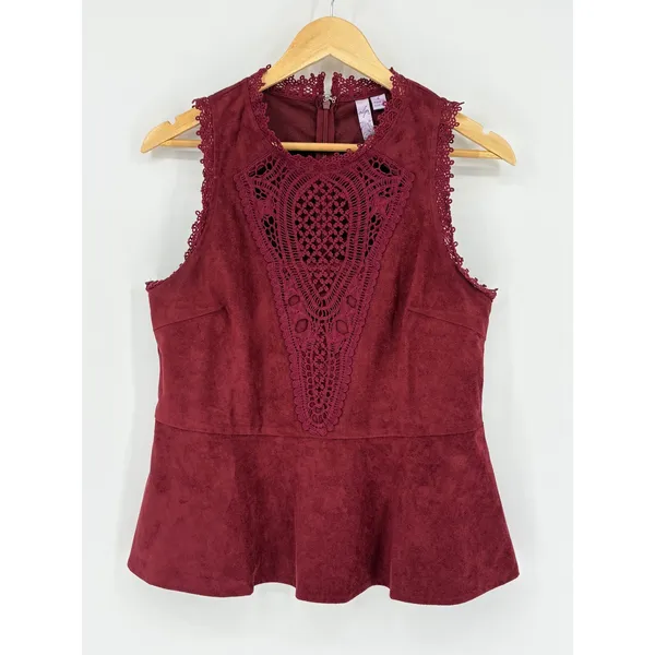Alya Burgundy Faux‎ Suede Crochet Peplum Top Size Large Wine Red Whimsigoth - Image 3