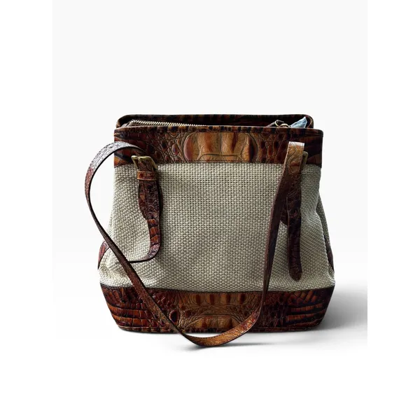 Vintage Y2K 90s Brahmin Harbor Tote Brown Leather Woven Crocodile Embossed Bag - Image 2
