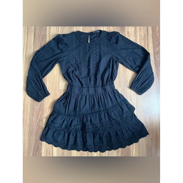 Zara Black Eyelet Embroidered Mini Dress Long Sleeve Tiered Lace LBD - Size M - Image 2