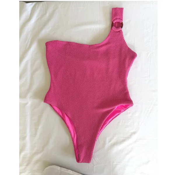 More‎ To Come One Shoulder Swimsuit L Hot Pink Ribbed Barbiecore Y2K Resort NEW - Image 2