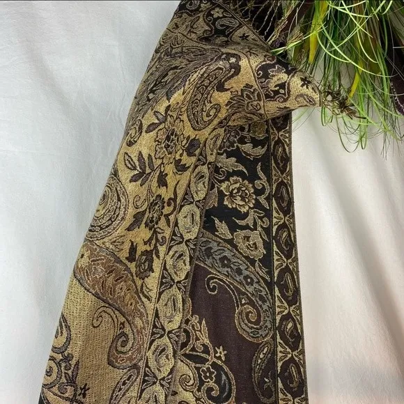 Pashmina Brown Tan & Black Brocade Print Rectangular Scarve - Image 3