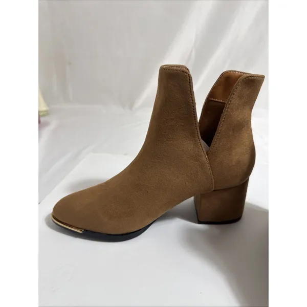 Brown Suede Ankle Boots Womems 5.5M Rubber Sole Dress Shoes Slip On 2” Heel New - Image 3