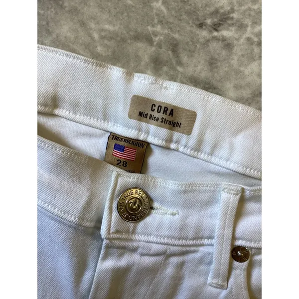 True Religion Cora Mid Rise Straight Distressed White Jeans Womens 28 Raw Hem - Image 5