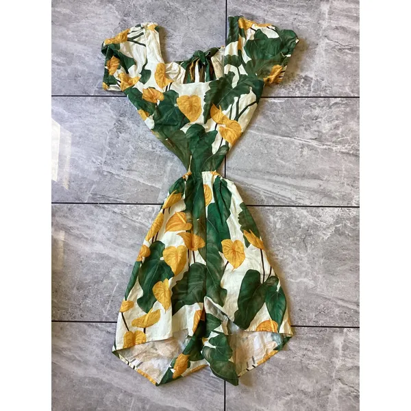 Farm Rio Tropical Anthurium Cutout Romper XS Yellow Green Linen - Image 2