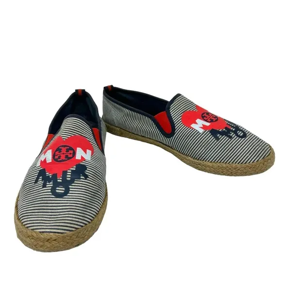 Tory Burch Mon Amour Navy Blue Red Stripe Heart Espadrille Flats‎ Size 10 - Image 6