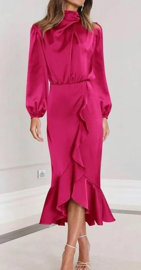 NEW Satin Mock Neck Cocktail Midi Dress Wrap Ruched Ruffle M - Image 4