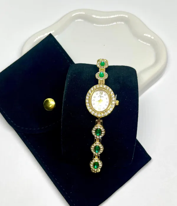 Gold Sparkly Emerald Green Stone Luxury Watch - Image 5