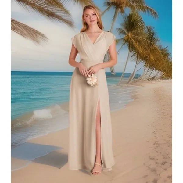 Chic Birdy Grey Chiffon Maxi‎ Dress Size M Bridesmaid Pockets Ruffle Sleeve BOHO - Image 6
