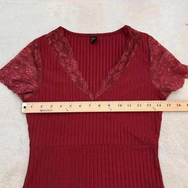 Shein Maroon Lace Panel Rib Knit V-neck Short Sleeve Stretchy T-shirt Top Sz M - Image 6