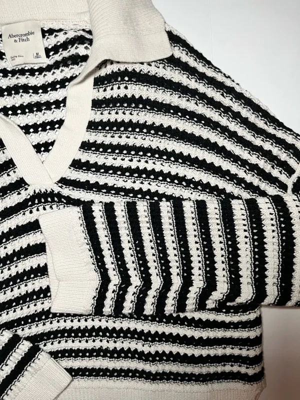 Abercrombie‎ & Fitch Striped Crochet Sweater M | Coastal Grandma Nautical Chic - Image 2