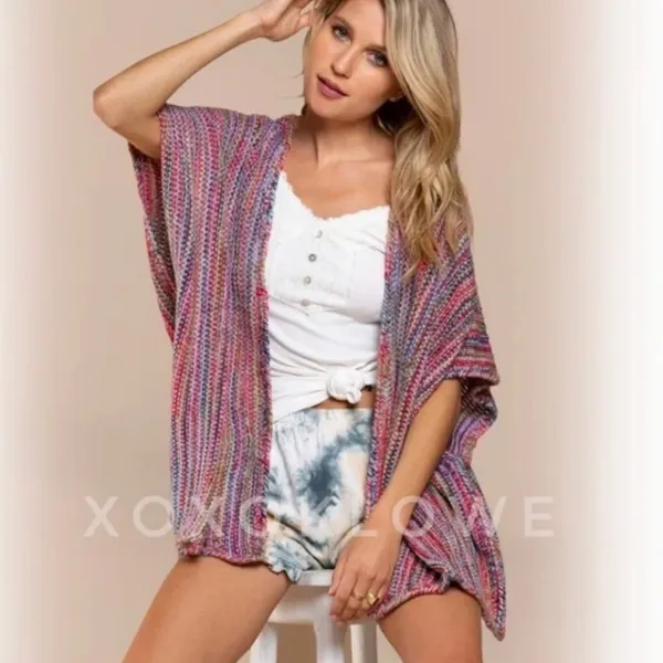 POL Red Rainbow Open Front Kimono Sweater M - Image 2