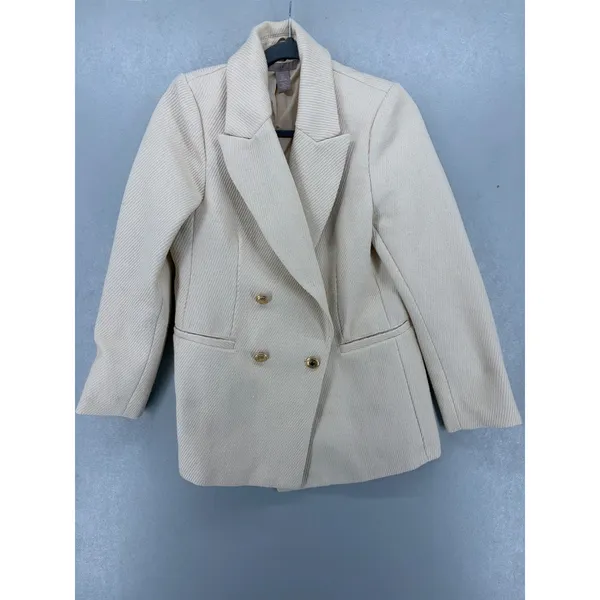 H&M Women Blazer Cream Textured Double Breasted Gold Crest Button‎ S - Image 2