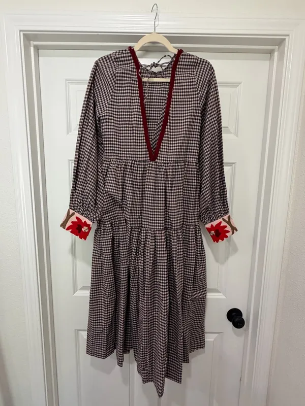 Free People x Rujuta Sheth Long-Sleeve Tiered Gingham Midi Dress with Red Trim - Image 2
