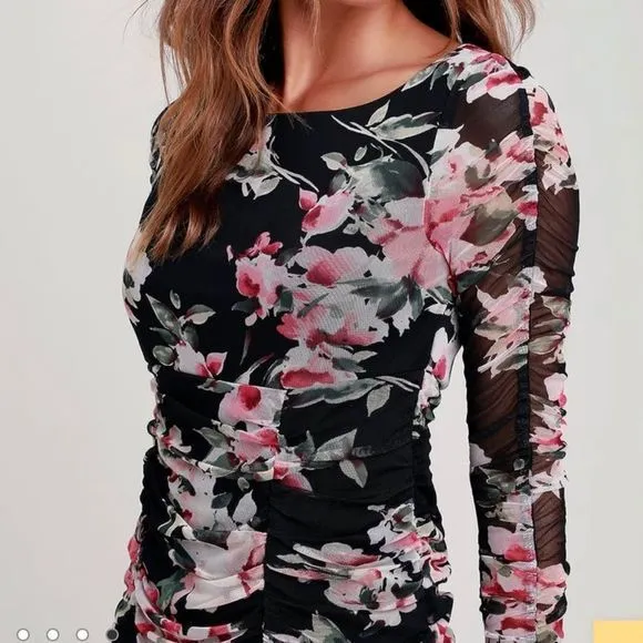 Lulus Ayana Black Pink Floral Ruched Mesh‎ Bodycon Dress SMALL - Image 3