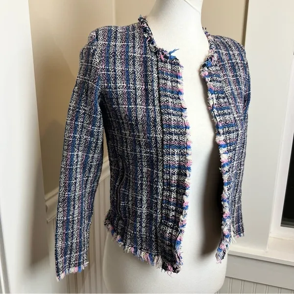 IRO Paris Multi Color Tweed Fringe Collarless Zip Pocket Jacket Blue Pink 36 4 - Image 4