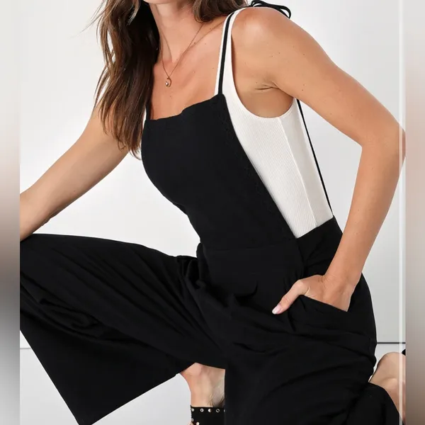 Lulu’s What a Wonderful Day Black Tie-Strap Overall Cotton Jumpsuit - Image 2