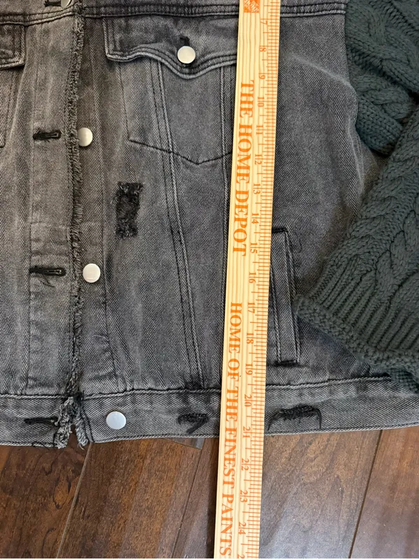 POL Washed Charcoal Black Distressed Denim Jacket with Dark Knit Sleeves Large - Image 7