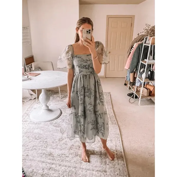 Abercrombie & Fitch Emerson Angel Sleeve Midi Dress Sage Green Floral Small - Image 3