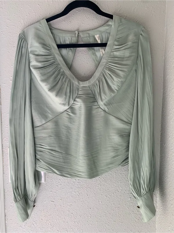 Anthropologie blouson-sleeve blouse is featured in a silky, sage-green fabric. - Image 5