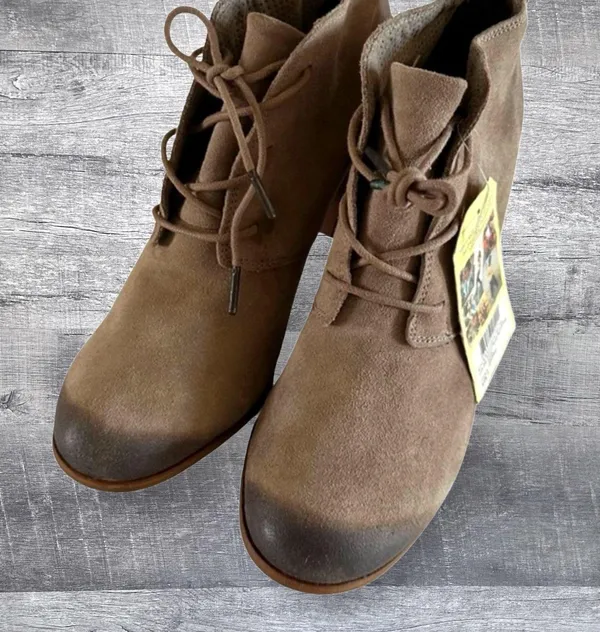 Toms NEW Lunata Lace Up Suede Bootie Womens 12 Desert Taupe Wooden Block Heel - Image 3