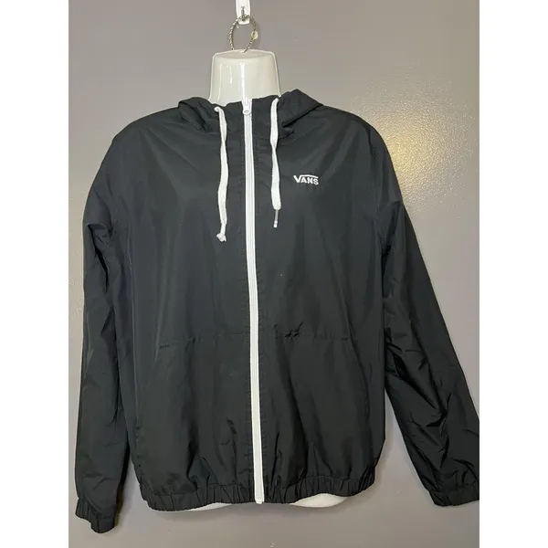 Vans Jacket Womens Sm Black White Hooded Full Zip Windbreaker Lightweight Skate - Image 2