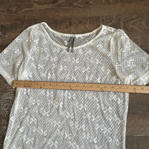 Anthropologie White Sheer Mesh Bow Polka Dot Lace Short Sleeve Top Large - Image 4