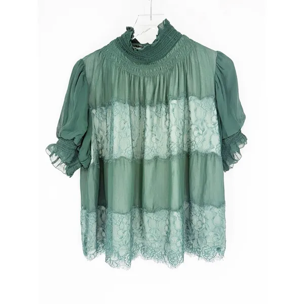 Anthropologie High Neck Lace Swing Blouse Women's S Green Romantic‎ - Image 2