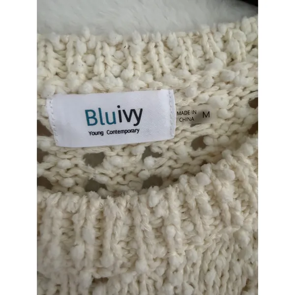 Bluivy‎ Young Contemporary Ivory Crochet Knit Short Sleeve Sweater Top T02318 M - Image 2