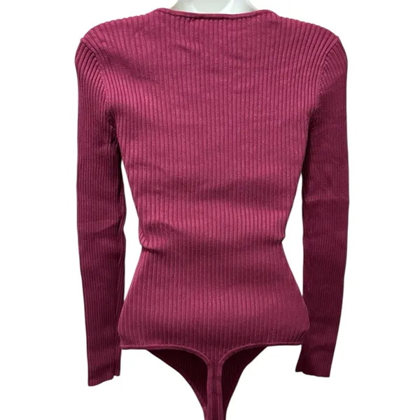 Abercrombie & Fitch Fuchsia Rib Knit Sweater Bodysuit Sz M LS Clean Girl Casual - Image 3