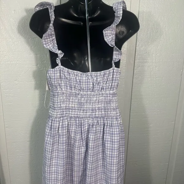 WAYF Purple Gingham Checkered Smocked Waist Flutter Sleeve Midi Dress SZ M NWT - Image 6